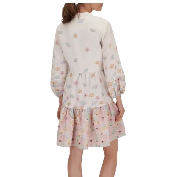 Sachin & Babi Moyer Dress Tuxedo Pleat Bodice Floral Print 3/4 Sleeve Linen L - Picture 2 of 8